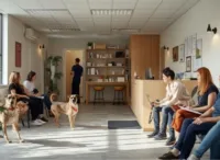 afbeelding met wachtkamer van dierenartspraktijk met wachtende mens en dier