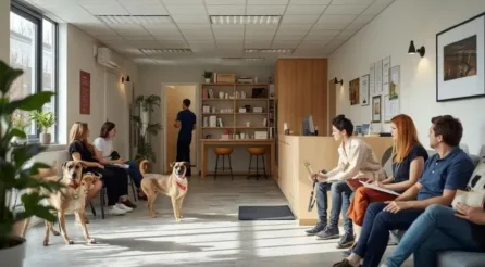 afbeelding met wachtkamer van dierenartspraktijk met wachtende mens en dier