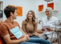 Mondzorgspecialist in gesprek met patiënt en familie