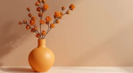 plaatje van een vaas met oranje bloemen tegen een neutrale achtergrond
