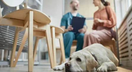 wachtkamer met dierenarts in gesprek met klant met hond