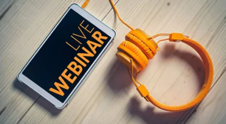 telefoon met webinar live tekst met oranje koptelefoon